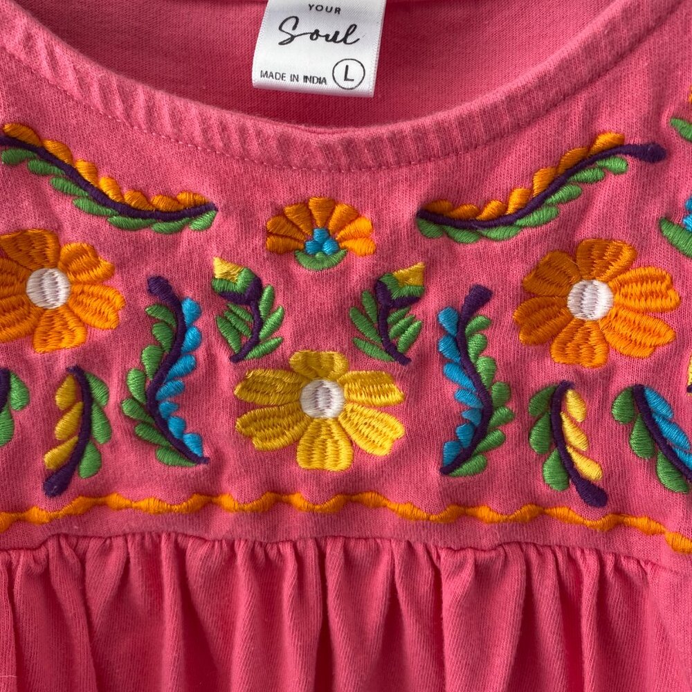 BARE YOUR SOUL Boho Short Sleeve Blouse Top Pink or yellow Floral Embroidery L - Picture 2 of 5